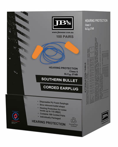 8P060 JB's SOUTHERN BULLET CORDED EARPLUG (100 PAIR)